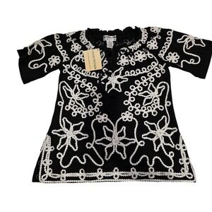 Lauren Michelle Black Silver Metallic Embroidered Peasant Top NWT Small8HRS